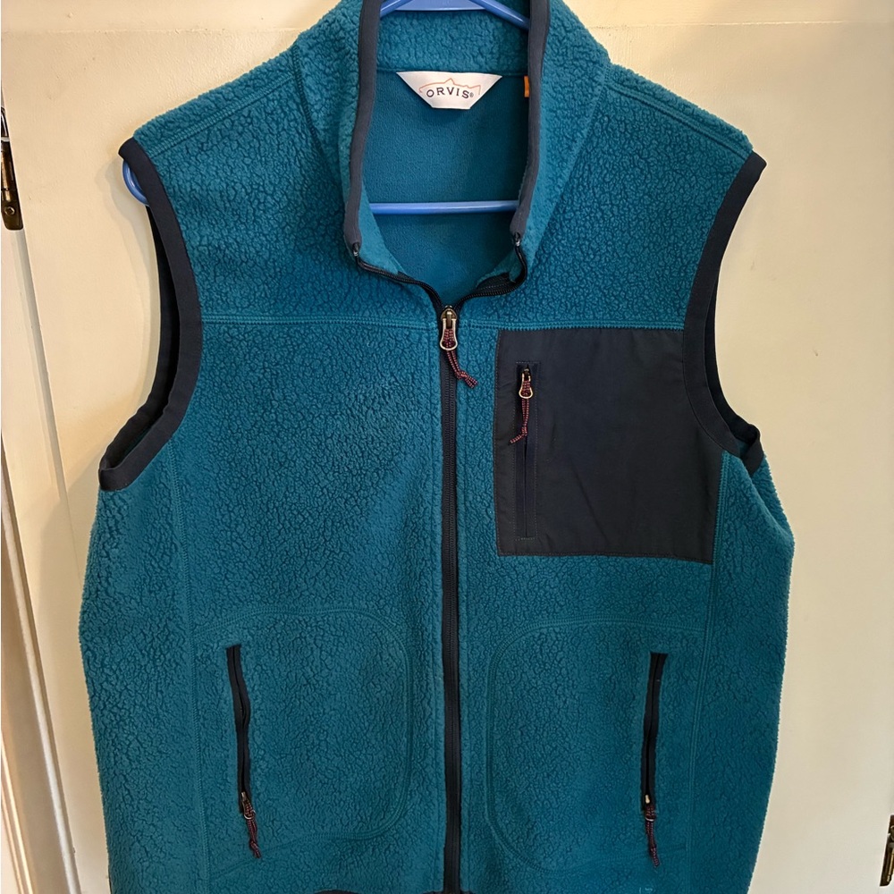 Orvis Teal Fleece Vest turquoise navy trim men’s l large others listed great